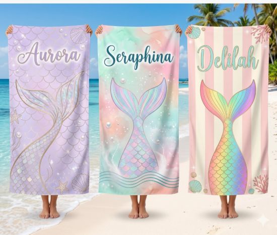 Picture of Personalized Mermaid Beach Towel for Girls, Custom Name Kids Beach Towel, Pastel Mermaid Tail Pool Towel, Summer Vacation Gift, Mermaid Girl