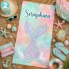 Picture of Personalized Mermaid Beach Towel for Girls, Custom Name Kids Beach Towel, Pastel Mermaid Tail Pool Towel, Summer Vacation Gift, Mermaid Girl