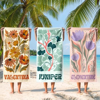 Picture of Personalized Floral Beach Towel, Custom Name Retro Flower Towel, Boho Botanical Pool Towel, Summer Beach Gift for Women, Retro Floral Towel