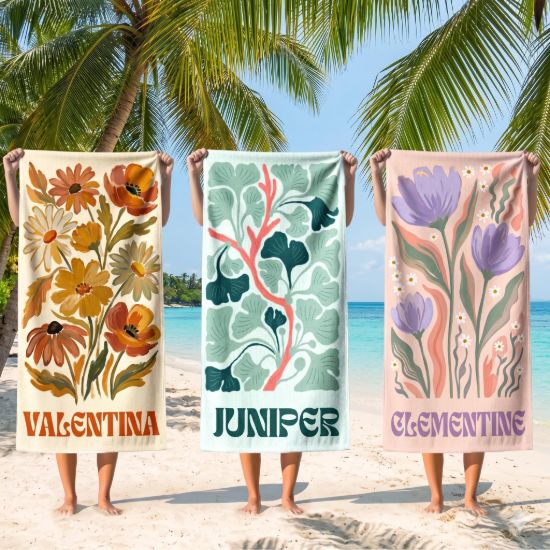 Picture of Personalized Floral Beach Towel, Custom Name Retro Flower Towel, Boho Botanical Pool Towel, Summer Beach Gift for Women, Retro Floral Towel