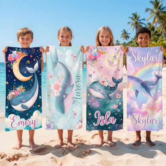 Picture of Personalized Whale Beach Towel for Kids, Custom Name Summer Towel, Cute Ocean Beach Blanket, Mermaid Whale Pool Towel for Girls Boys