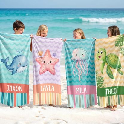 Picture of Personalized Kids Beach Towel, Custom Name Ocean Towel, Cute Sea Animal Towel for Kids, Whale Turtle Jellyfish Starfish Kid Beach Towel