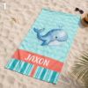 Picture of Personalized Kids Beach Towel, Custom Name Ocean Towel, Cute Sea Animal Towel for Kids, Whale Turtle Jellyfish Starfish Kid Beach Towel
