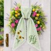 Picture of Personalized Sunflower Bee Wreath Sash Bow, Custom Monogram Door Wreath Bow, Embroidered Spring Summer Front Door Decor, Gardening Decor