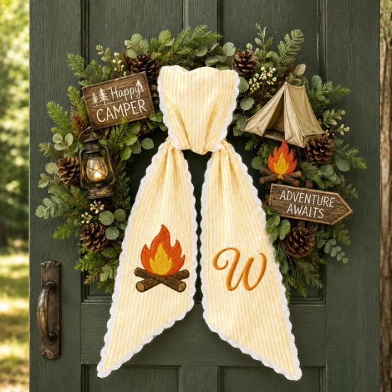 Picture of Personalized Embroidered Camping Wreath Sash, Happy Camper Door Hanger Bow, Campfire Monogram Sash, RV Camper Decor, Glamping Wreath Accent