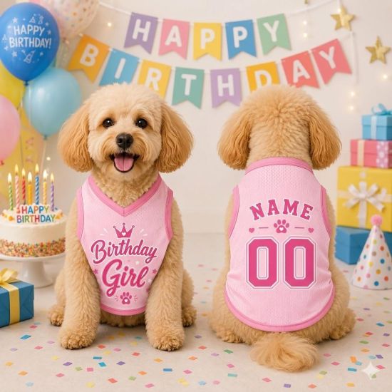 Picture of Custom Birthday Girl Dog Shirt, Personalized Pet Jersey, Custom Name Number Dog Cat Clothes, Pink Pet Birthday Outfit, Cute Girl Dog Shirt