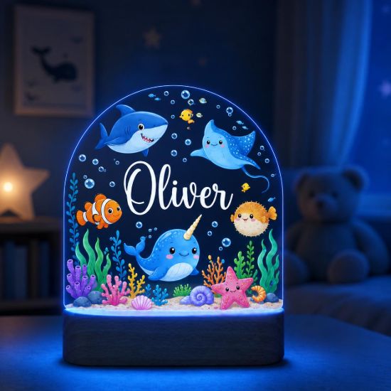 Picture of Personalized Ocean Animal Night Light, Custom Name LED Acrylic Lamp for Kids, Sea Creature Nursery Decor, Under Sea Bedroom Gift Birthday