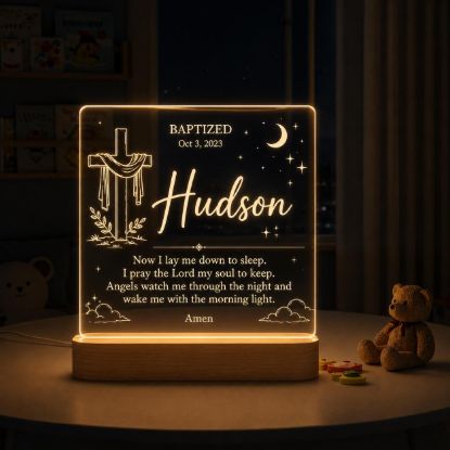 Picture of Personalized Baptism Night Light for Boys, Custom Acrylic LED Lamp with Name & Baptism Date, Christian Nursery Decor, Baby Baptism Gift