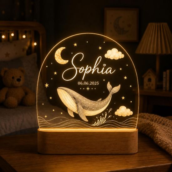 Picture of Personalized Whale Night Light, Custom Name Ocean Nursery Lamp, Baby Whale LED Acrylic Light, Under the Sea Nursery Decor, Baby Shower Gift
