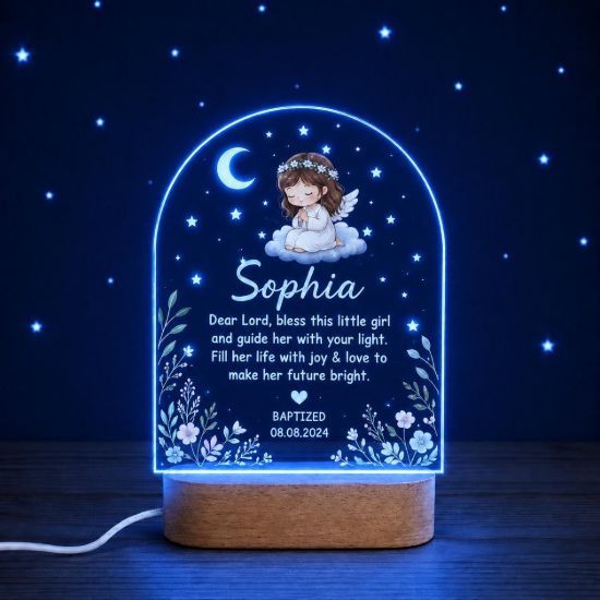 Picture of Personalized Baptism Night Light for Girls, Custom Angel Prayer LED Lamp, Baptized Baby Girl Gift, Christian Nursery Decor, Baptism Keepsake