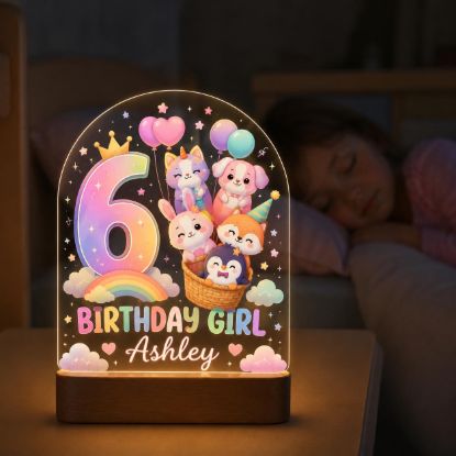 Picture of Personalized  Birthday Girl Night Light, Custom Name LED Lamp, Cute Animal Birthday Decor, 6 Year Old Girl Gift, Kids Bedroom Night Light