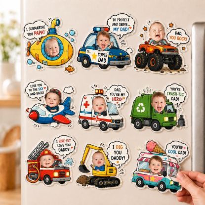 Picture of Personalized Car Kids Photo Fridge Magnet: Kids Face With Truck Frame Magnet, Fathers Day Gift For Dad, Grandpa, Papa Acrylic Magnet Decor