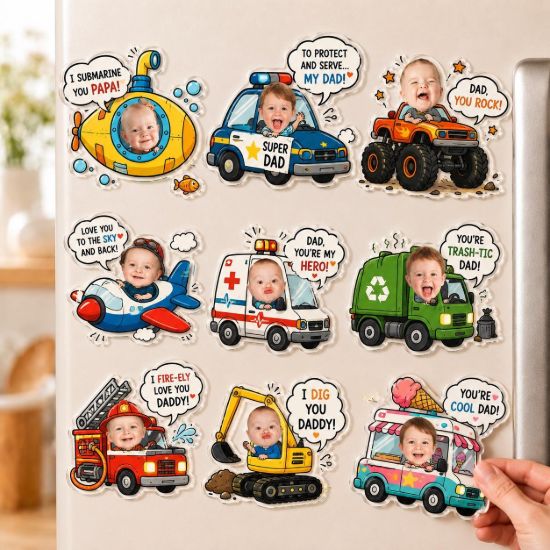 Picture of Personalized Car Kids Photo Fridge Magnet: Kids Face With Truck Frame Magnet, Fathers Day Gift For Dad, Grandpa, Papa Acrylic Magnet Decor