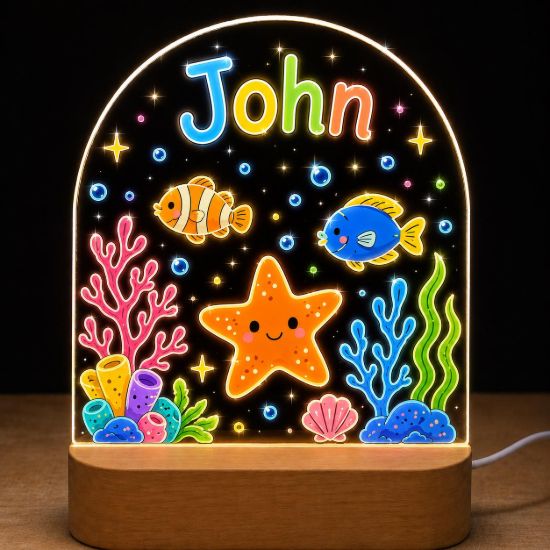Picture of Personalized Ocean Night Light For Kids, Custom Name Acrylic LED Lamp, Sea Animal Nursery Decor, Cute Color Changing Bedroom Lamp Gift