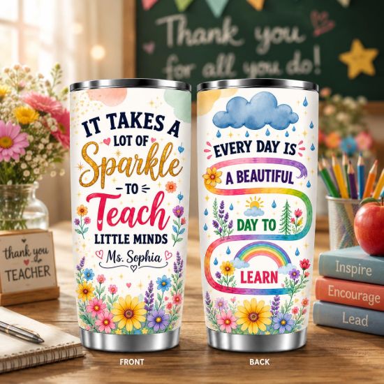 Picture of Back To School Teacher Tumbler 20oz, Personalized Teacher Cup, Custom Name Tumbler, Teacher Appreciation Gift, Floral Rainbow Tumbler Gift