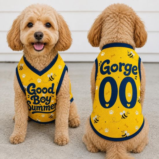 Picture of Good Boy Summer Dog Jersey, Personalized Honey Bee Dog Shirt, Custom Name Number Pet Tank Top, Summer Puppy Outfit, Dog Clothes, Pet Apparel