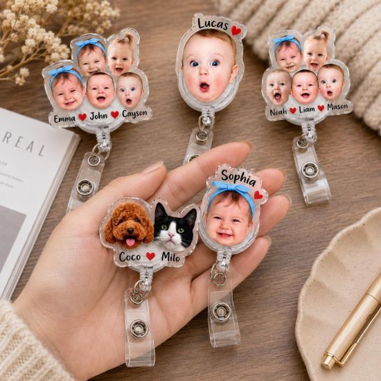 Picture of Custom Photo Badge Reel, Personalized Baby Face ID Holder, Pet Photo Badge Clip, Family Name Acrylic Badge Reel Gift, Custom Face Badge Reel