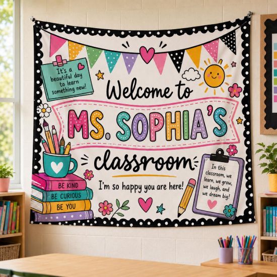 Picture of Personalized Teacher Classroom Banner, Custom Teacher Name Tapestry, Welcome Classroom Decor, Back to School Wall Hanging, Back to School
