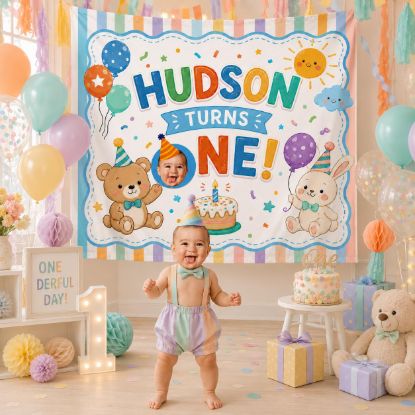 Picture of Custom First Birthday Banner, One-derful Birthday Backdrop, Personalized Baby Photo Banner, Pastel Rainbow 1st Birthday Party Decoration