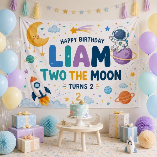 Picture of Two The Moon Birthday Backdrop, Personalized 2nd Birthday Banner, Space Birthday Tapestry, Boy 2nd Birthday Party Decor, Birthday Boy Banner