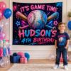 Picture of Personalized Baseball Birthday Backdrop, Game Time Birthday Banner, Custom Sports Party Decor, Neon Pink Blue Baseball Party Photo Wall