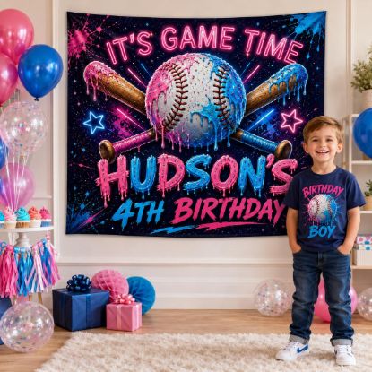 Picture of Personalized Baseball Birthday Backdrop, Game Time Birthday Banner, Custom Sports Party Decor, Neon Pink Blue Baseball Party Photo Wall