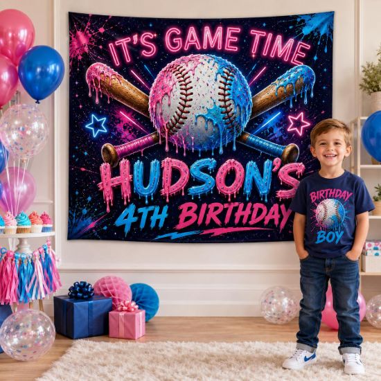 Picture of Personalized Baseball Birthday Backdrop, Game Time Birthday Banner, Custom Sports Party Decor, Neon Pink Blue Baseball Party Photo Wall