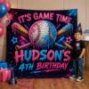 Picture of Personalized Baseball Birthday Backdrop, Game Time Birthday Banner, Custom Sports Party Decor, Neon Pink Blue Baseball Party Photo Wall