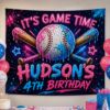 Picture of Personalized Baseball Birthday Backdrop, Game Time Birthday Banner, Custom Sports Party Decor, Neon Pink Blue Baseball Party Photo Wall