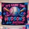 Picture of Personalized Baseball Birthday Backdrop, Game Time Birthday Banner, Custom Sports Party Decor, Neon Pink Blue Baseball Party Photo Wall