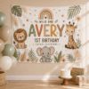 Picture of Personalized Wild One Birthday Backdrop, Safari 1st Birthday Banner, Custom Name Jungle Tapestry, Boho Animal Party Photo Booth Wall Decor