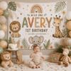 Picture of Personalized Wild One Birthday Backdrop, Safari 1st Birthday Banner, Custom Name Jungle Tapestry, Boho Animal Party Photo Booth Wall Decor