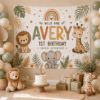 Picture of Personalized Wild One Birthday Backdrop, Safari 1st Birthday Banner, Custom Name Jungle Tapestry, Boho Animal Party Photo Booth Wall Decor