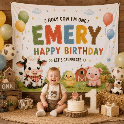 Picture of Holy Cow I'm One Birthday Backdrop, Personalized Farm 1st Birthday Banner, Custom Name Barnyard Tapestry, Cow Party Photo Booth Decor