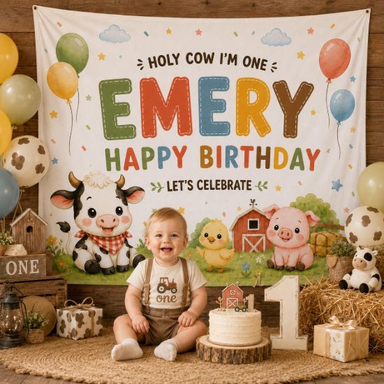 Picture of Holy Cow I'm One Birthday Backdrop, Personalized Farm 1st Birthday Banner, Custom Name Barnyard Tapestry, Cow Party Photo Booth Decor