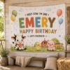 Picture of Holy Cow I'm One Birthday Backdrop, Personalized Farm 1st Birthday Banner, Custom Name Barnyard Tapestry, Cow Party Photo Booth Decor