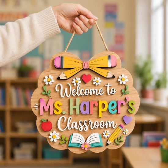 Picture of Personalized Teacher Classroom Door Sign, Custom Welcome Sign, Back to School Decor, Teacher Gift, Wood Classroom Door Hanger Decor Class