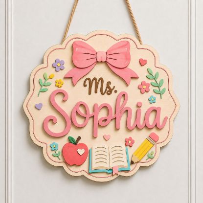 Picture of Custom Teacher Door Hanger Sign, Personalized Classroom Name, Back to School Classroom Decor, Teacher Appreciation Gift, Wooden School Sign