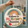 Picture of Personalized Rainbow Teacher Door Sign, Custom Classroom Name Sign, Rainbow Classroom Decor, Teacher Appreciation Back to School Door Hanger