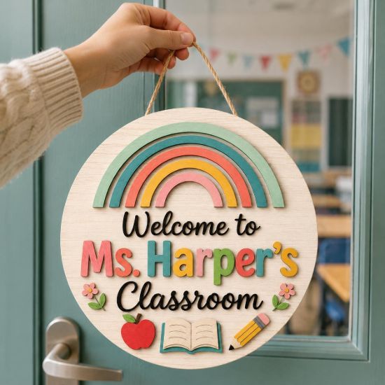 Picture of Personalized Rainbow Teacher Door Sign, Custom Classroom Name Sign, Rainbow Classroom Decor, Teacher Appreciation Back to School Door Hanger