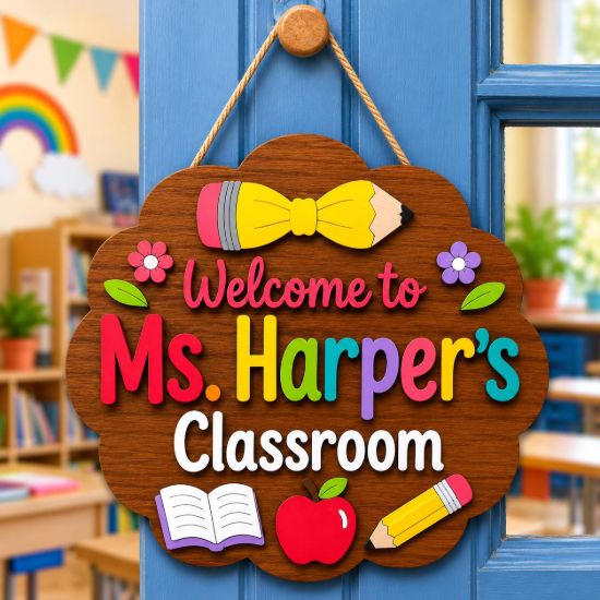 Picture of Personalized Teacher Classroom Door Sign, Custom Teacher Name Sign, Wooden Classroom Decor, Back to School Gift Teacher, Welcome Classroom