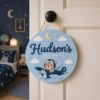 Picture of Personalized Kids Room Wood Sign, Custom Airplane Door Hanger, Teddy Bear Name Sign, Baby Boy Nursery Decor, Round Wall Art, Kids Room Gift