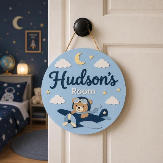 Picture of Personalized Kids Room Wood Sign, Custom Airplane Door Hanger, Teddy Bear Name Sign, Baby Boy Nursery Decor, Round Wall Art, Kids Room Gift