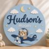 Picture of Personalized Kids Room Wood Sign, Custom Airplane Door Hanger, Teddy Bear Name Sign, Baby Boy Nursery Decor, Round Wall Art, Kids Room Gift