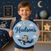 Picture of Personalized Kids Room Wood Sign, Custom Airplane Door Hanger, Teddy Bear Name Sign, Baby Boy Nursery Decor, Round Wall Art, Kids Room Gift