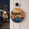 Picture of Personalized Ocean Nautical Name Sign, Custom Kids Room Door Hanger, Whale Lighthouse Nursery Wall Decor, Ocean Baby Gift, Round Wood Sign