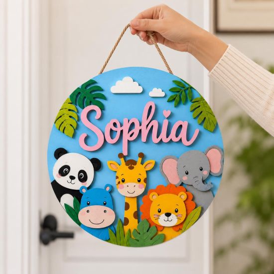 Picture of Personalized Safari Name Sign, Custom Jungle Animal Door Hanger, Kids Room Nursery Wall Decor, Baby Girl Nursery Gift, Round Wood Sign Hang