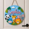 Picture of Personalized Safari Name Sign, Custom Jungle Animal Door Hanger, Kids Room Nursery Wall Decor, Baby Girl Nursery Gift, Round Wood Sign Hang