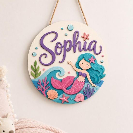 Picture of Personalized Mermaid Name Sign, Custom Girls Room Door Hanger, Under The Sea Nursery Wall Decor, Ocean Theme Gift, Kids Round Wood Sign