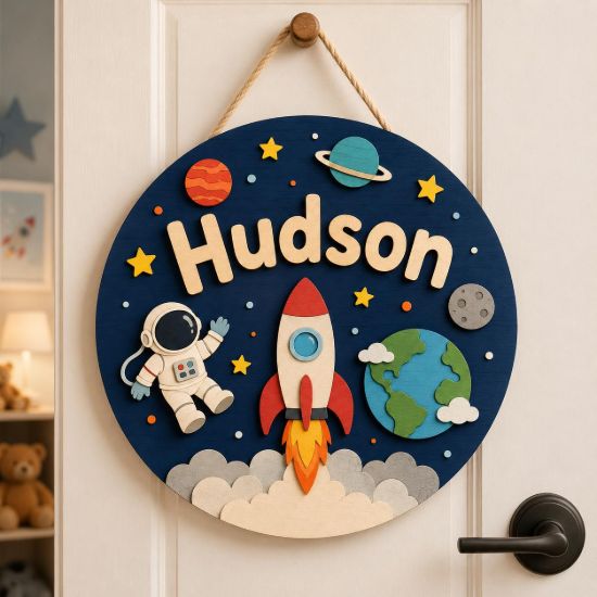 Picture of Personalized Space Name Sign, Custom Rocket Door Hanger, Astronaut Kids Room Decor, Outer Space Nursery Wall Art, Round Wood Baby Gift